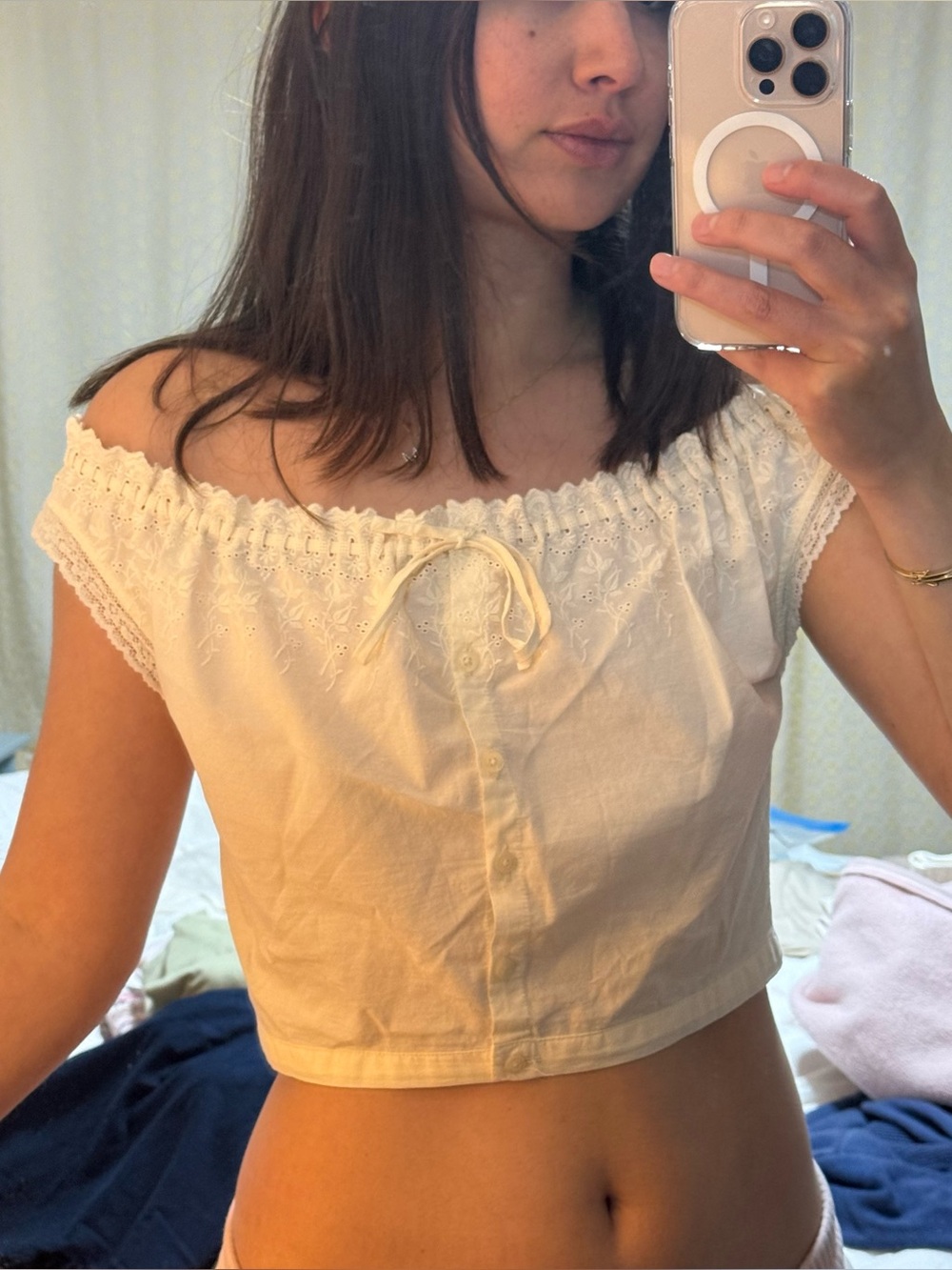 Brandy Melville White Off-Shoulder Eyelet Crop Top